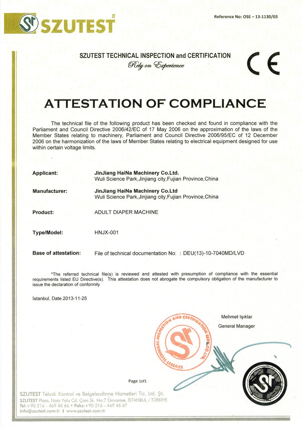 Haina Adult Diaper Production Line CE Certificate