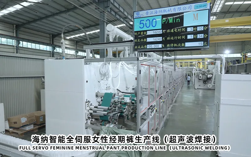 Menstrual pants production line showing absorbent and elastic chassis process zones