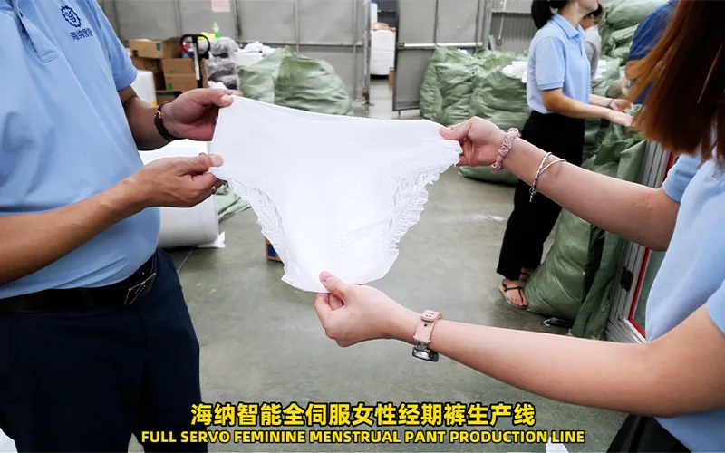 Menstrual pants production line monitored during sample approval run